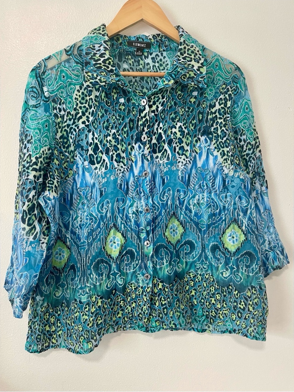 Indie Sleaze Burnout Mesh Shirt Teal Abstract Cheetah Button Front Blouse XL
